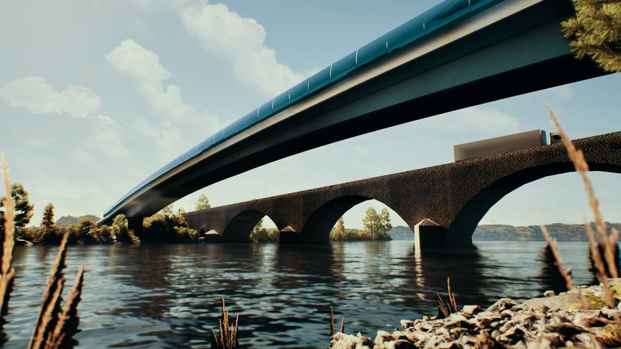 Untersicht der neuen Brücke über der alten Bogenbrücke