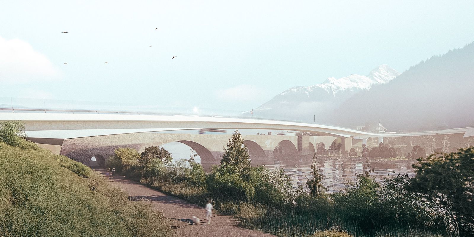 Visualisierung einer neuen schlanken Brücke über einen Fluss neben einer historischen Steinbogenbrücke
